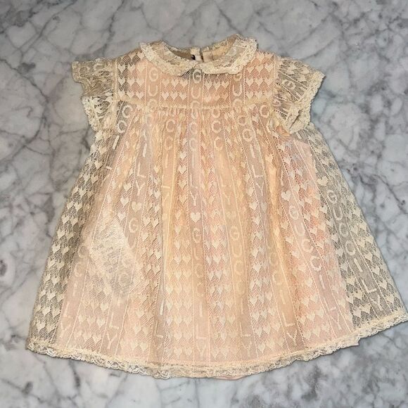 NWT GUCCI ROMANTIQUE LACE GUCCILY ALMOND FLOWER DRESS 3/6M